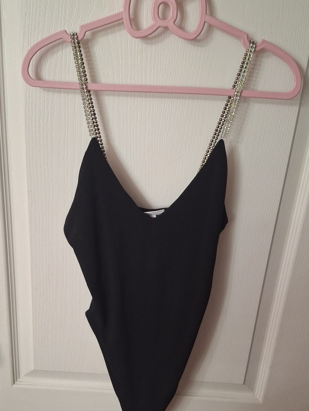 Just Polly New York Black Bodysuit with Rhinestone Straps  NWOT  Size M